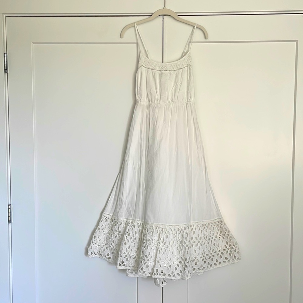 J. Crew White Eyelet Midi Dress with Smocked Back and Adjustable Straps